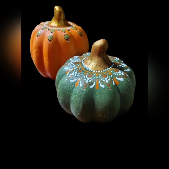 Two Handpainted Pumpkins Mandala Boho Fall Decor - Picture 4 of 9